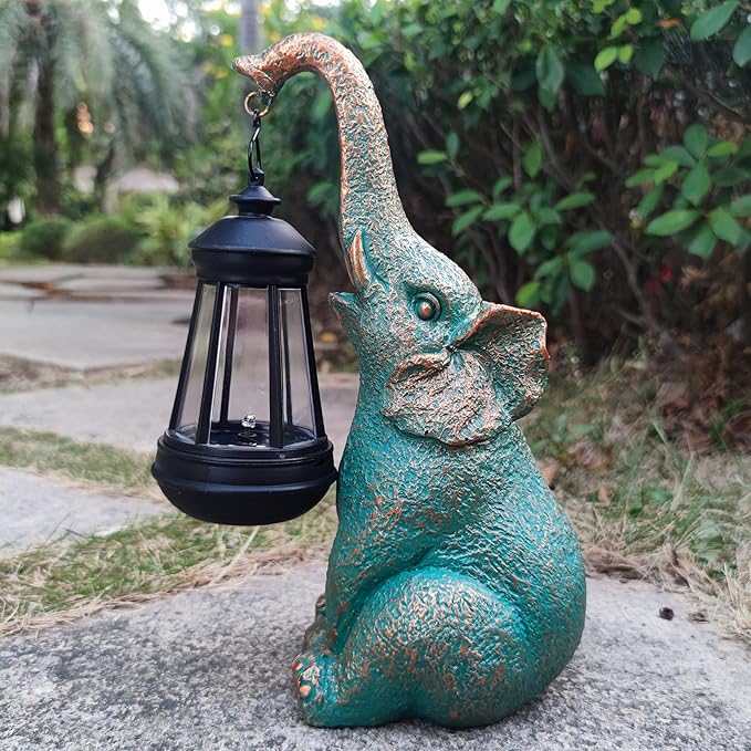 Elephant Garden Statue Outdoor Décor with Solar Lights Lantern,Elephant Solar Light Figurines Outside Decorations for Yard,Lawn Patio, Balcony, Unique Housewarming Gifts