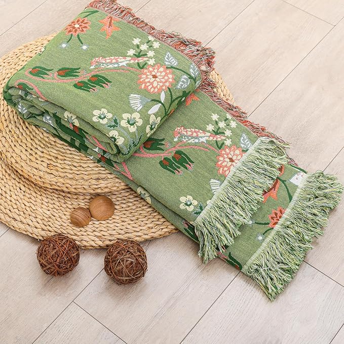 Boho Ultra Soft Throw Blanket 60''x80',100% Cotton Blankets for Couch Bed,Squirrel Farmhouse Home Decor Bed Blankets, All Season Rustic Reversible Bohemian Lightweight Throw for Bed -Light Green 