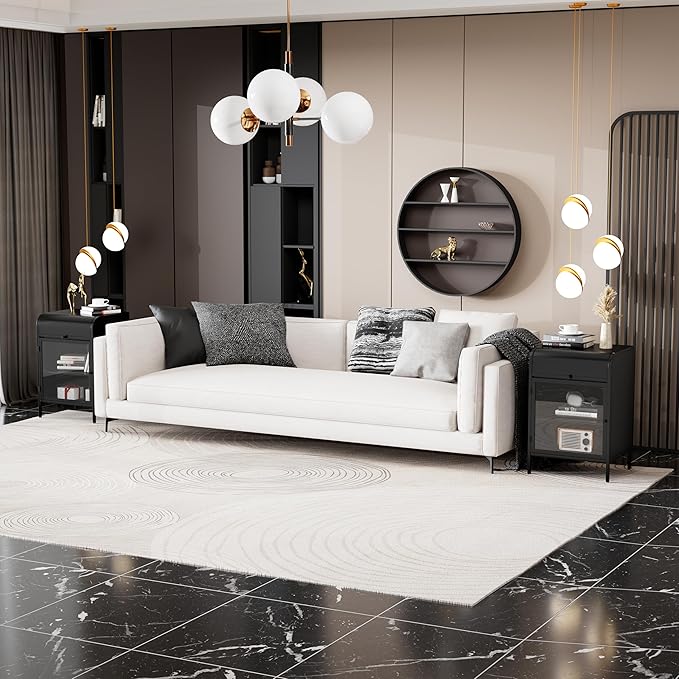 Modern Metal Side Tables, End Tables with Glass Door, 2-Tier Nightstands with Storage Shelves, Accent Table, Slim Sofa Table for Living Room, Bedroom (1, Black)