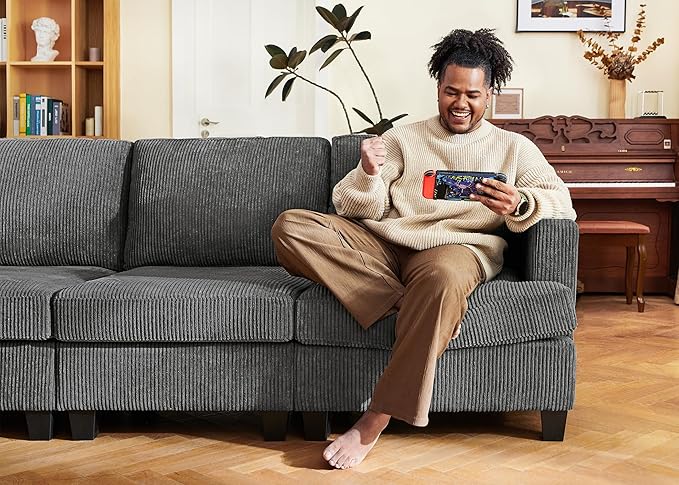 Nolany U Shape Oversized Corduroy Modular Sectional Sofa with Storage Ottoman, Dark Grey