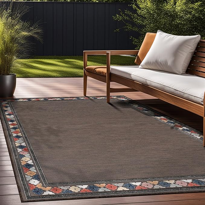Beverly Rug Outdoor Rug 5x7 Modern Bordered Area Rugs for Indoor and Outdoor Patio Easy to Clean Non Shedding Living Room Porch Garden Washable Outside Carpet (5 x 7 Brown)