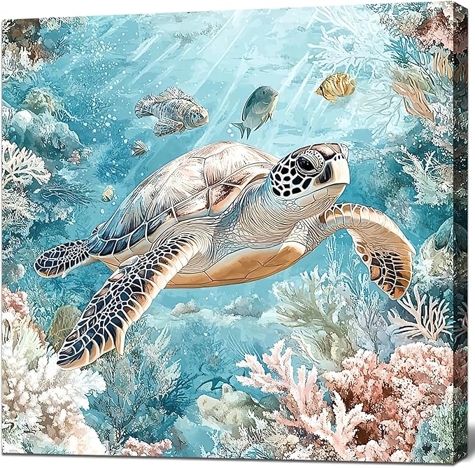 Sea Turtle Bathroom Wall Decor Ocean Theme Framed Canvas Wall Art Coastal Nautical Prints Picture Watercolor Coral Marine Life Painting for Kid Bedroom Living Room Home Decoration 14x14â