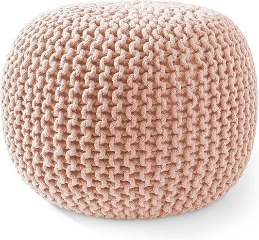 Casafield Round Pouf Ottoman, Light Pink - 20" Diameter x 14.5" High Cotton Knit Foot Stool - Boho Floor Pouffe for Living Room, Bedroom, Home Office