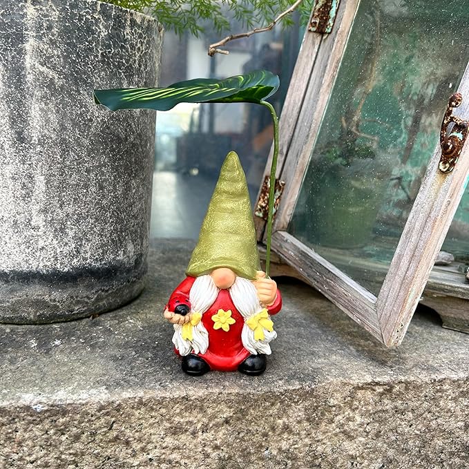 Garden Female Gnome Statue Decoration with Leaf Umbrella, 6.5” Figurine Ornament for Indoor Outdoor Home Patio Yard Lawn, for Gnome Lovers & Garden Enthusiasts,Mom,Women