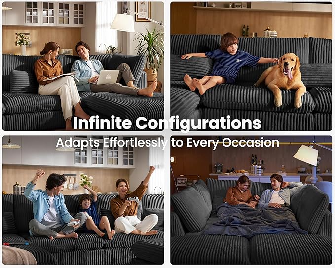 Oversized Modular Sofa, Extra Deep Cloud Corduroy Sectional Couch with Ottoman Chaise, Fluffy Chenille 8 Seater Couch Bed for Living Room, Villa (Sofa Bed 8 Seater, Corduroy Black)