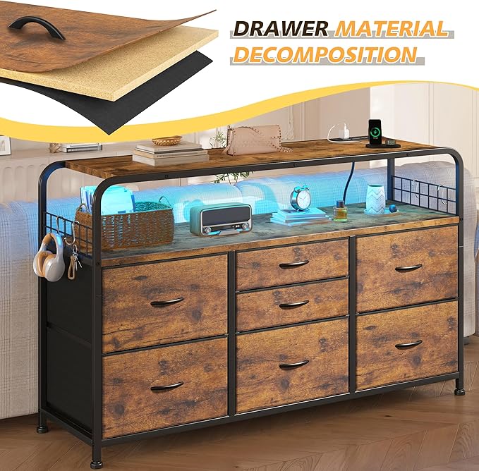 TV Stand for Bedroom with LED Lights & Charging Station, 7 Drawer with Open Shelf, Media Console for Living Room & Chest of Drawers for Closet, Entryway, Hallway, 4 Hooks, Rustic Brown