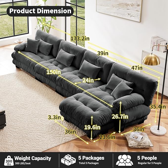 Modern L-Shaped Couch, 4-Seater Cloud Couch, Oversized Loveseat Sectional Sofa, Chenille Fabric, Grey