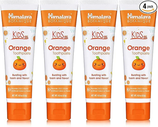 Himalaya Botanique Kids Toothpaste, Herbal, Orange Flavor, Fights Plaque, Fluoride Free, Gentle, No Artificial Flavors or Colors, SLS Free, Gluten Free, Cruelty Free, Vegan, Foaming, 4 Oz, 4 Pack…