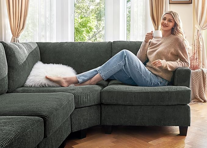Nolany Modular Sectional Couch with Storage Ottoman, Corduroy Sectional Sofa with Chaise, U Shape Sectional Couches for Living Room, Green