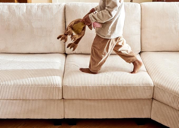 Nolany Corduroy Sectional Couch with Storage Ottoman, Sleeper Sectional Sofa, Modular Sectional Couches for Living Room, Beige
