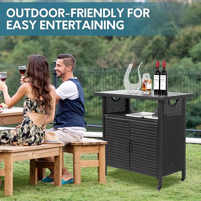 Outdoor Indoor Storage Cabinet with Rolling Wheels, Patio Serving Cart with Bar Table and Wicker Cabinet, Kitchen Island Prep Table, Black