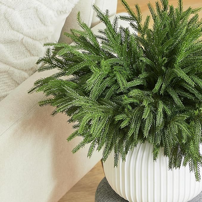 WeGuard 32 Pcs Real Touch Artificial Norfolk Pine Branches, 18 Inches Faux Cedar Pine Stem Fake Christmas Greenery Picks for Vase DIY Garland Wreath Christmas Decor Home Decor