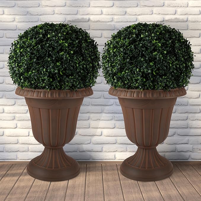Pure Garden Outdoor Planter 2-Pack - 16x18-Inch Urn Planters - Plastic Plant Pots for Indoor, Outdoor, or Front Porch Decor - Flower Pots (Brown)