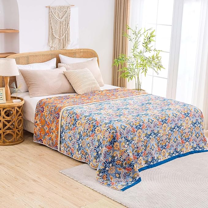 Boho Throw Blanket for Bed, 100% Cotton Soft Rustic Quilt Fall Blanket, 50"x60" Floral Printed Farmhouse Decor Bed Blankets, All Season Rustic Reversible Bohemian Throw Quilt