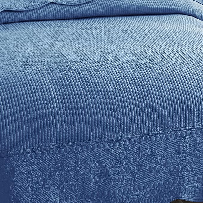 MarCielo 3-Piece 100% Cotton Oversized Bedspread Lightweight Quilt Coverlet Embroidery Farmhouse Bedding Set (TG Midtone Blue, Oversized Queen (100"x106"))