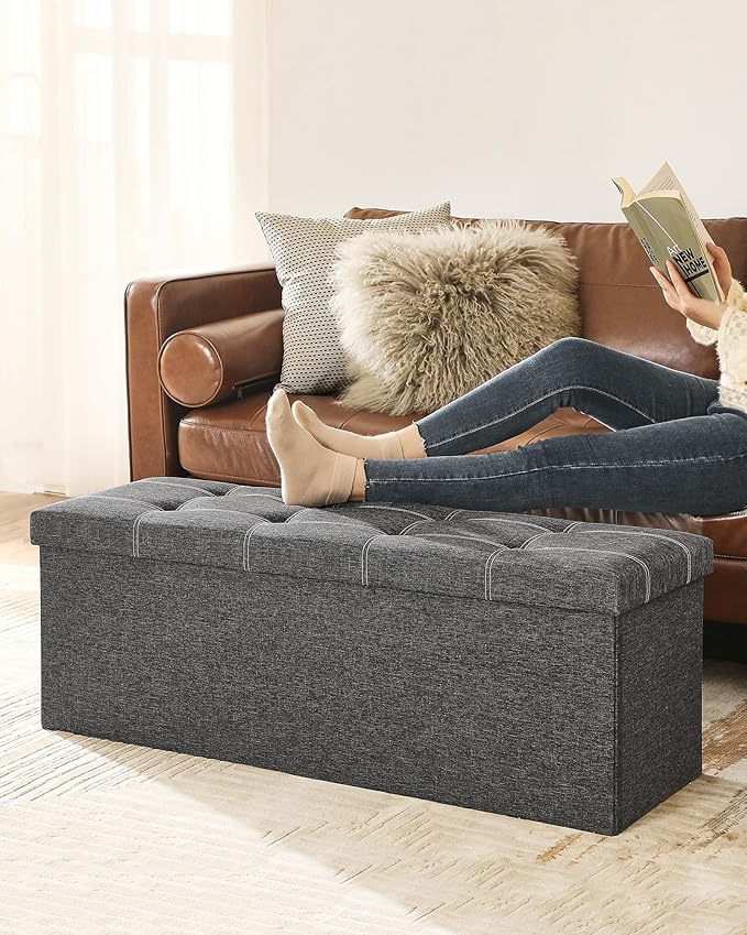 SONGMICS Mazie Collection - 43 Inches Ottoman Storage Bench, 35 Gal. Folding Chest with Breathable Linen-Look Fabric, Load up to 660 lb, for Entryway, Living Room, Bedroom, Dark Gray ULSF077G04
