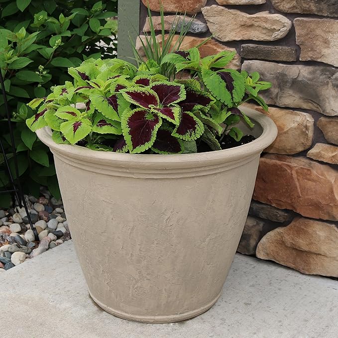 Sunnydaze 24-Inch Anjelica Large Plastic Pot for Plants - Outdoor Polyresin Round Planter with Drillable Drainage Holes - Beige - 4pk