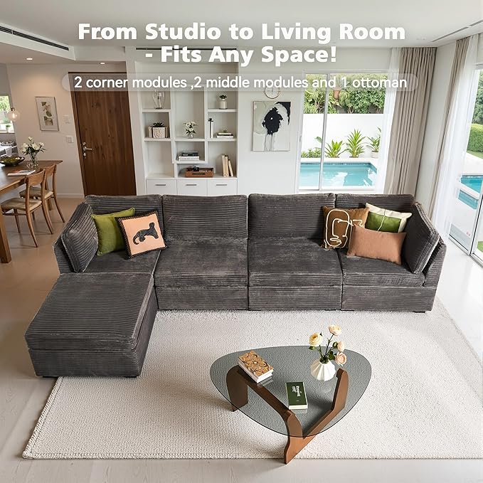 Modular Sectional Sofa, 130.7" L Shaped Couch Set for Living Room, 4-Seater Comfy Cloud Couches with Movable Ottoman, DIY Combination, Plush Corduroy, Gray