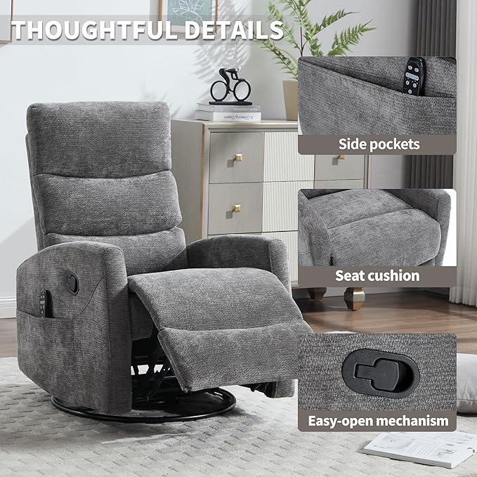 Manual Swivel Rocker Recliner Chair for Adults, Overstuffed Reclining Glider Chair for Nursing with Vibration Massage & Heat, Living Room Rocking Recliner 3-Stage backrest, Chenille Fabric Dark Gray