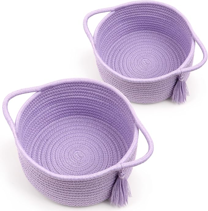 Empty Gift Basket - SweetMemo Mini Woven Rope Organizer Baskets for Baby Shower, Vanity, Makeup Brushes, Bathroom, Shelves, Desk - Small Decorative Storage Bins - Set of 2, Pre-Shaped, Lilac Purple