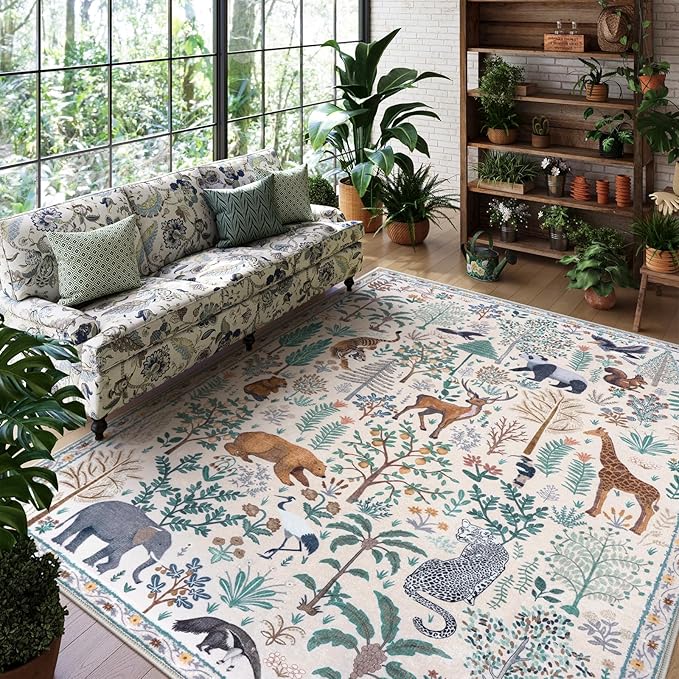 OJIA Jungle Living Room Rug 9x12 Washable Rugs for Bedroom, Ultra-Thin Modern Beige Non-Shedding Large Area Rug Playroom Rug Non-Slip Stain Resistant Accent Carpet for Kids Room Dining