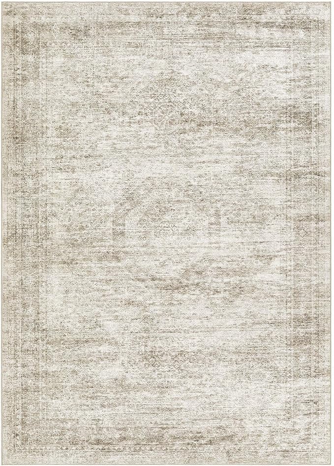 Washable Area Rugs for Living Room -10x13 Neutral Vintage Distressed Floral Farmhouse Boho Large Soft Floor Rug Indoor Non Slip Carpet for Living Room Bedroom Dining Room Office-Beige