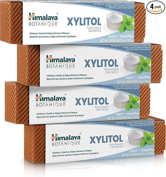 Himalaya Botanique Whitening Antiplaque Toothpaste with Xylitol, Fluoride Free, for Plaque Reduction & Gentle Whitening, 4 oz, 4 Pack