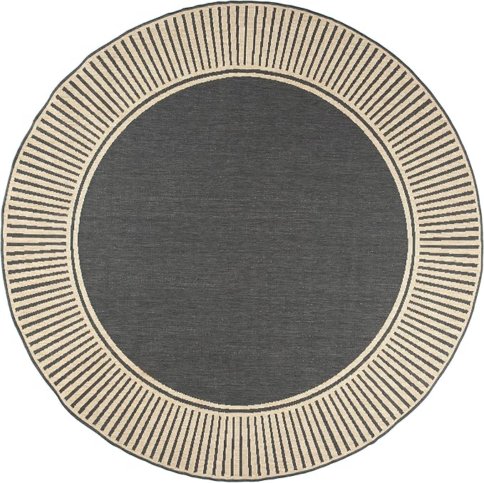 nuLOOM 6'7" Round Outdoor Area Rug, Casual Design With Striped Border, Stain Resistant, Highly Durable, For Patio, Balcony, Bedroom, Living Room, Dining Room, Bathroom, Dark Grey
