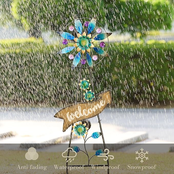 TERESA'S COLLECTIONS Peacock Garden Solar Stake, Wind Spinner Yard Art Sign for Outdoor Decor, Metal Purple Floral Windmill Decorative Garden Stake for Lawn Ornaments, Gifts for Mom, 37''