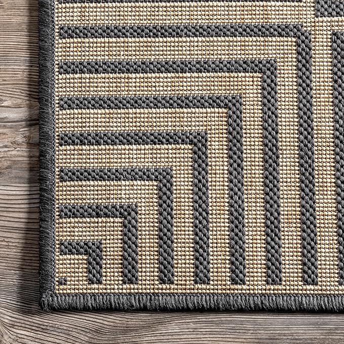 nuLOOM 2' x 8' Outdoor Area Rug, Casual Design With Striped Border, Stain Resistant, Highly Durable, For Patio, Balcony, Bedroom, Living Room, Dining Room, Bathroom, Dark Grey