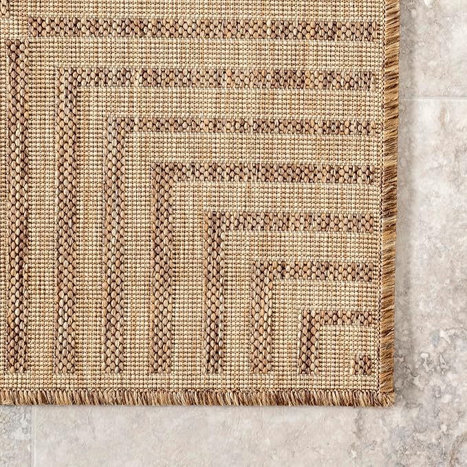 nuLOOM 6' 7" x 9' Outdoor Area Rug, Casual Design With Striped Border, Stain Resistant, Highly Durable, For Patio, Balcony, Bedroom, Living Room, Dining Room, Bathroom, Light Brown