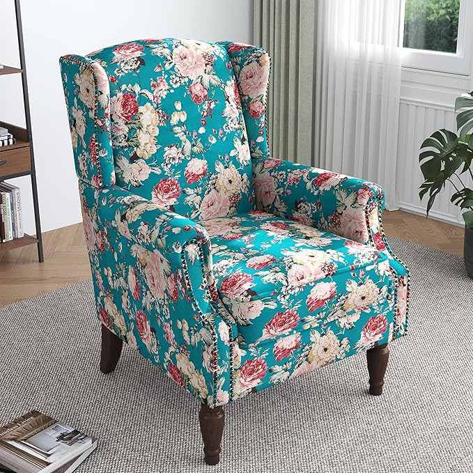Lumibee Wingback Accent Chair,High Back Floral Armchairs in Fabric,Comfy Upholstered Reading Single Sofa Chair with Solid Wood Legs for Living Room,Bedroom,Office-Peacock Blue