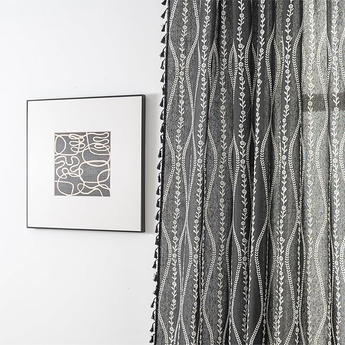 Sutuo Home Boho Curtains 96 Inches Long for Bedroom Living Room Kitchen, Stripe Floral Bohemian Tassels Country Window Treatment Drape for Halloween Decorations Rod Pocket, 1 Panel 59"W x 96"L,Black