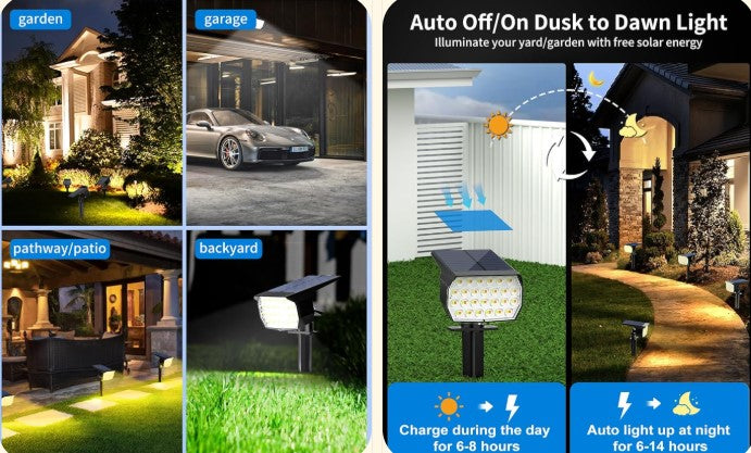 Brighten Your Yard with 3-Color Solar Landscape Spotlights — 52-LED 600LM Outdoor IP65 Lights (2-Pack)