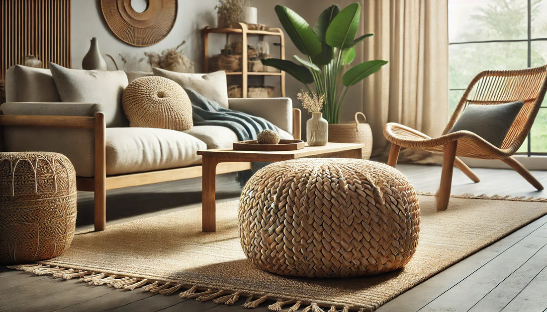 Wimarsbon 18" Ottoman Pouf – Natural Braided Boho Footrest & Accent Stool (Water Hyacinth + Lake Blue Corn Husk)