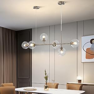 KCO Lighting 6 Light Bubble Glass Pendant Light Mid Century Modern Globe Sputnik Chandelier Linear Chandelier Lighting Brushed Nickel Hanging Light Fixture for Kitchen Island Dining Room