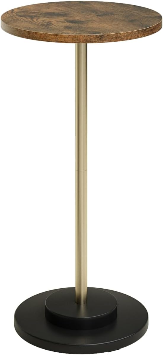 Masupu Drink Table, Round Side Table for Small Spaces, Pedestal Small End Table with Metal Base, for Living Room, Bedroom, Bathroom, Rustic Brown