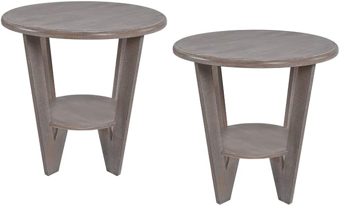 Rustic Farmhouse End Table with Storage Shelf, French Country Accent Side for Family, Dinning or Living Room, Small Spaces, Modern, Round, Vintage Blue Finish, Curved Leg