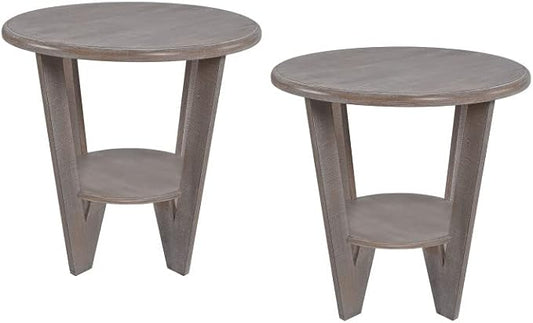 Rustic Farmhouse End Table with Storage Shelf, French Country Accent Side for Family, Dinning or Living Room, Small Spaces, Modern, Round, Vintage Blue Finish, Curved Leg