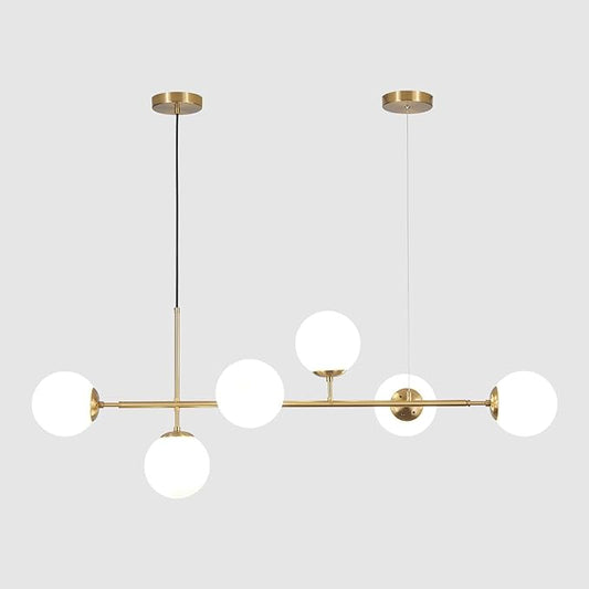 KCO Lighting Modern Globe Linear Chandelier 6 Light Milk Glass Chandeliers White and Gold Pendant Light Fixture Mid Century Rectangle Chandelier Brass Sputnik Island Lights for Kitchen