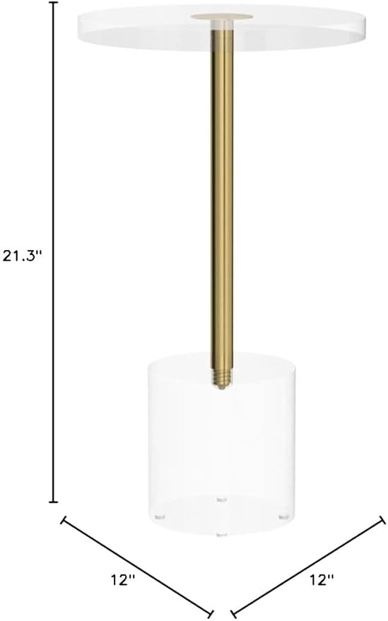 Clear Acrylic End Table,Side Table,Brushed Brass Metal,Round,for Office, Living Room and Bedroom,Easy Assembly,12x12 inch，21.3 inch high