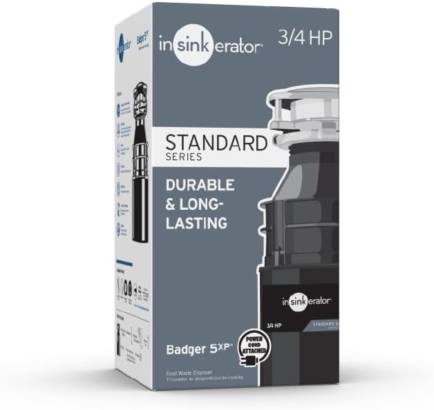 InSinkErator Badger 5XP Garbage Disposal with Power Cord, Standard Series 3/4 HP Continuous Feed Food Waste Disposer, Badger 5XP W/C
