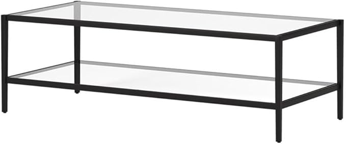 Henn&Hart 54" Wide Rectangular Coffee Table with Glass Shelf in Blackened Bronze, Modern coffee tables for living room, studio apartment essentials