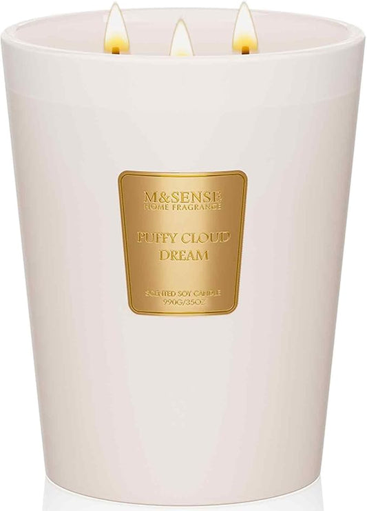 M&SENSE Puffy Cloud Dream Scented Candle, 35 OZ Extra Large 3 Wick Natural Soy Wax Candles 150 Hours Long Lasting Slow Burning, Candles Gift for Spring Home Decor