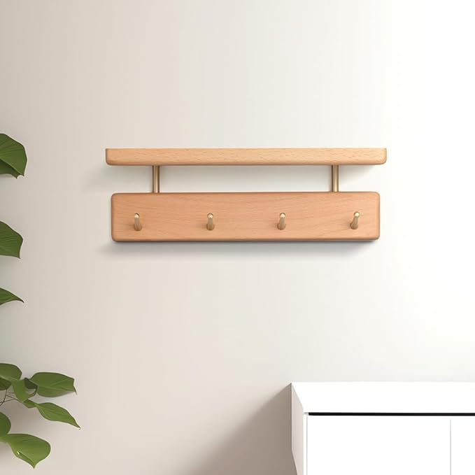 Shelf with Hooks, Solid Wood Bedroom Shelves for Wall, Wooden Coat Rack Wall Mount for Bathroom, Kitchen, Door Entryway (Beech, 30cm/11.81inch)