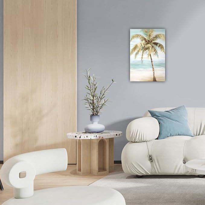 LURENCZH Tropical Beach Canvas Wall Art Seaside Palm Tree Picture Wall Decor Ocean Scenery Painting Prints for Bathroom Decor Framed(Beach-1,12.00" x 18.00")