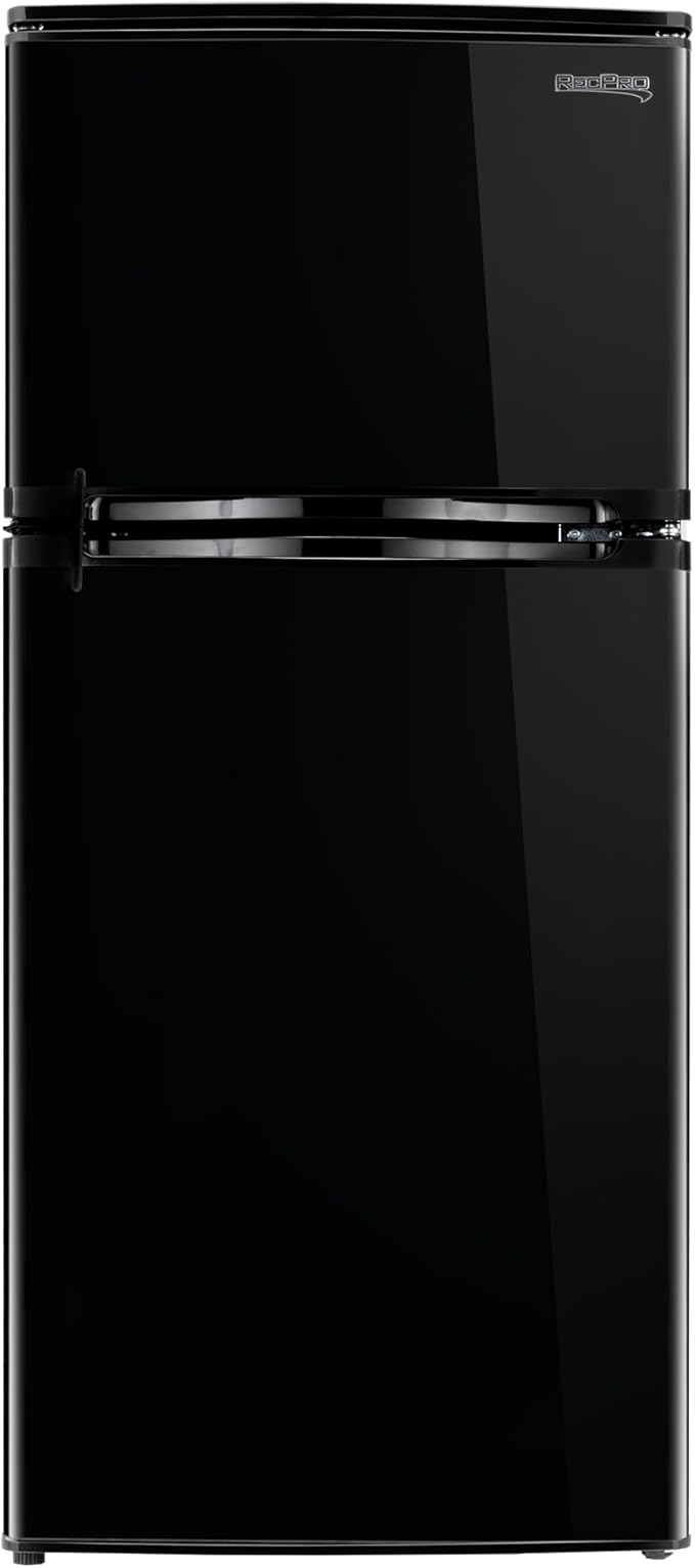 RecPro 4.4 Cu Ft 12V RV Refrigerator with Freezer | Frost-Free, Black Finish | Adjustable Shelves, Reversible Door, Built-In Lock | Off-Grid Camper Fridge | 19.5”W x 23.5”D x 43.5”H