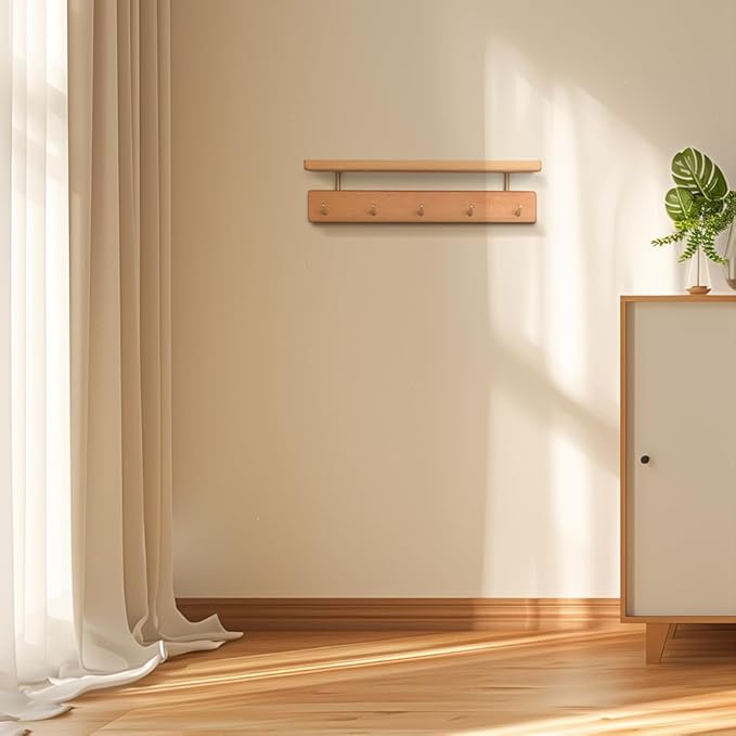 Shelf with Hooks, Solid Wood Bedroom Shelves for Wall, Wooden Coat Rack Wall Mount for Bathroom, Kitchen, Door Entryway (Beech, 30cm/11.81inch)