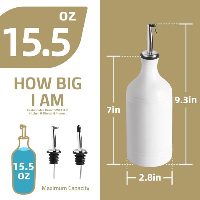 Sweejar Porcelain Olive Oil Dispenser Bottle, Opaque Oil Cruet Protects Oil to Reduce Oxidation, Suitable for Storage of Oil, Vinegar, Soy Sauce and Other Liquids, Pack of 1, 15.5 Oz (Olive Leaf)