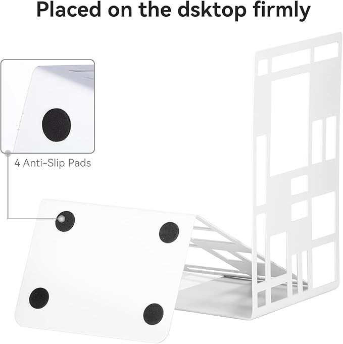 Book Ends, Bookends, Book Ends for Shelves, Bookends for Heavy Books, Book Divider Decorative Holder, Metal Heavy Duty Bookend White 1 Pair, Abstract Art Desgin Book Stopper Supports for Office, Home